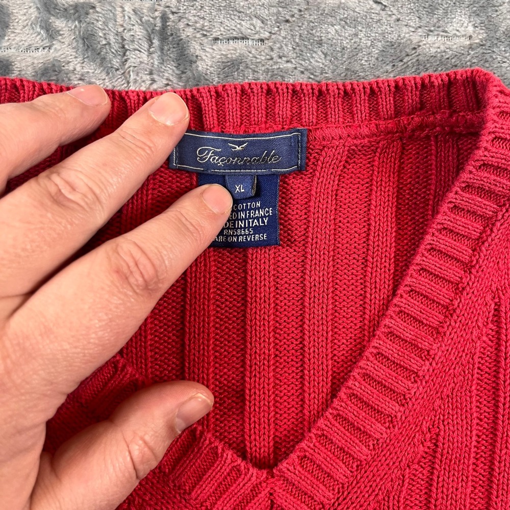 Facconable Red Ribbed V Neck Cotton Sweater Mens XL Made in Italy - Picture 3 of 7